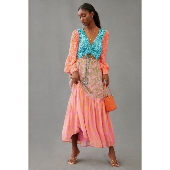 New Farm Rio Cut Out Maxi Dress Anthropologie Long Sleeve Pink Printed Small - Picture 11 of 13